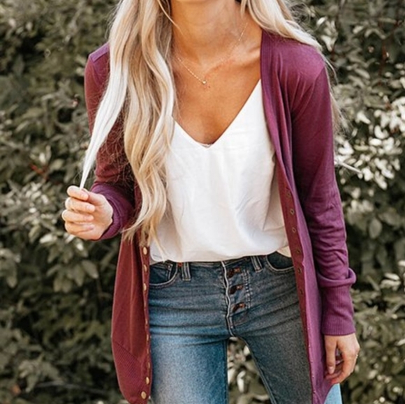 Long Snap Pocket Cardigan in Eggplant - Picture 2 of 9